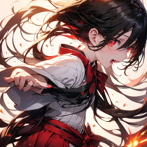 Anime Style, One Woman ,Kyudo,Draw the bow,Longbow and Arrows,狙いを定める, Concentrate , black hair, ponytail,red eyes,Sparkling Eyes,Sparkling Eyesのハイライト, Ruby White Robe,black belt, holding a bow,Draw the bow,Express Despair 、Emphasise the female,  blur backg...