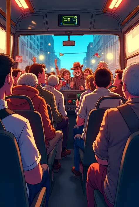 Imagine a public bus filled with a diverse group of people, some elderly, others ren, all traveling together on a tour. They are seated in a mix of excited groups, chatting, laughing, and cheering loudly. The sound of their conversation and excitement fill...