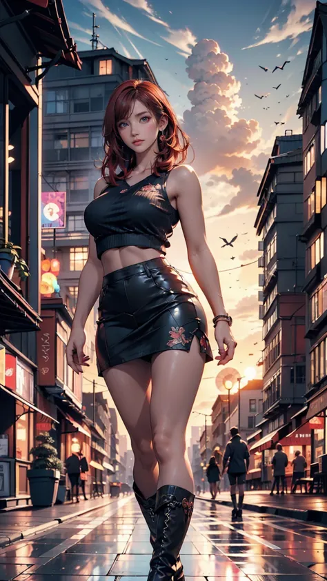 (( Best Illustration )) Brazilian Girl, Red Hair,   Teenage Body  , Black Top,  Black Tight Skirt ,  black boots, Cityscape,  Building,  skyline, sunset, Silhouette reflected in the clouds, Contemplative.  