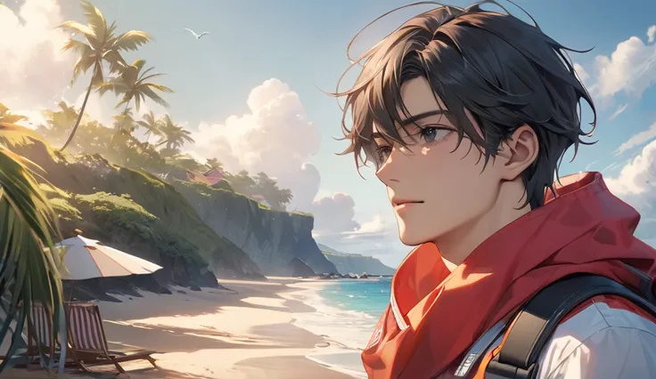 Japanese,23-26, Handsome man,  fair skin, black eyes（thin eyes 1：3), (Super detailed, best quality, 4K, High resolution, masterpiece:1.3) realistic, Lifeguard, beach, Hawaii, day time  