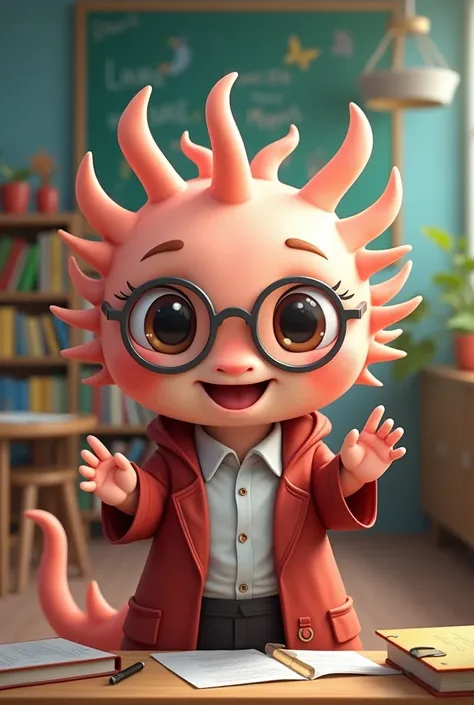 Create an image of an axolotl as a teacher, to look cute and to be animated 