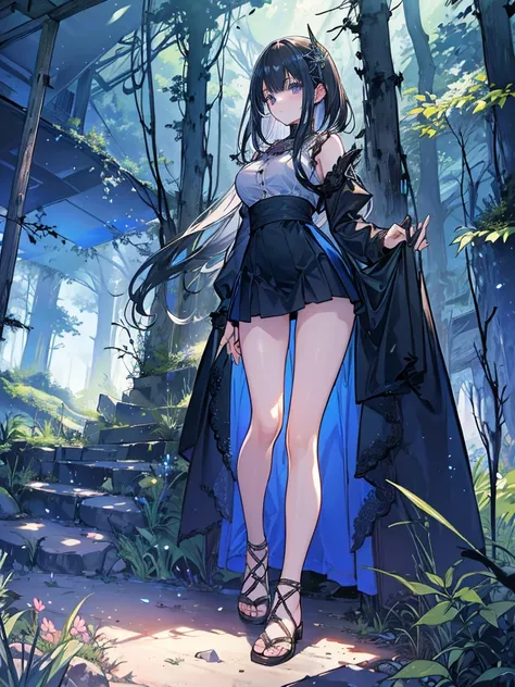   artwork  ,  best quality, Marianne_Time Skip,  Chapel, Dark alpine forest,  standing , night,  where there are a lot of dirty nets, Tronco,  detailed face  ,Black Bob、Underwear with straight bangs