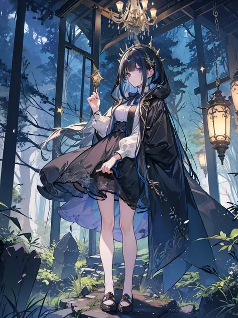   artwork  ,  best quality, Marianne_Time Skip,  Chapel, Dark alpine forest,  standing , night,  where there are a lot of dirty nets, Tronco,  detailed face  ,Black Bob、Underwear with straight bangs