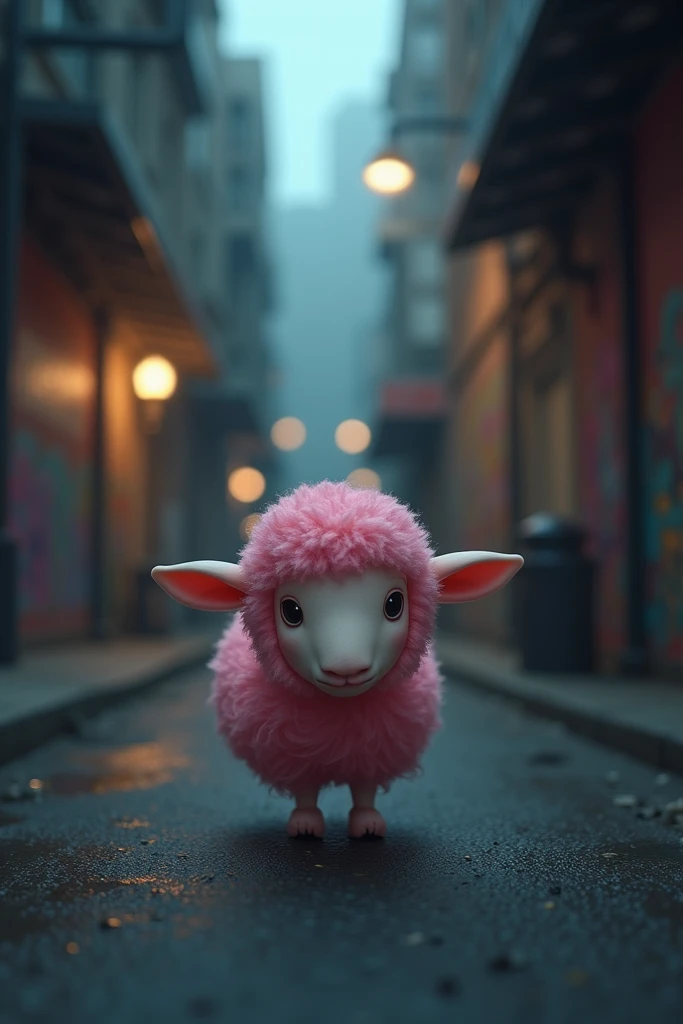 A little pink sheep with a sad and worried face similar to “my sweet piano” walks down an alley at night looking for someone 