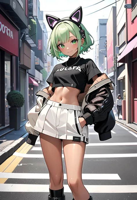 (Masterpiece, BestQuality:1.2),anime,A girl is standing on the street. and model pose for the camera,smile, (wearing a cropped fashion,Designed by Bottega Veneta:1.5),November, beautiful navel.whole-body. street of shibuya. BREAK (tween,cute,white frog-sha...