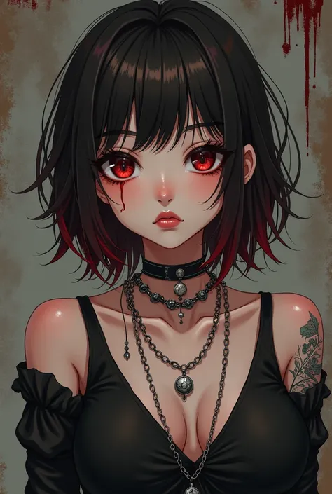 anime style girl, y2k emo grunge style, extremely pale skin, grunge color style, necklaces, short stylish dark brown hair with red highlights, piercing in the corner of the mouth, red eyes mixed with dark brown, thin waist and perfect body, beautiful, thin...