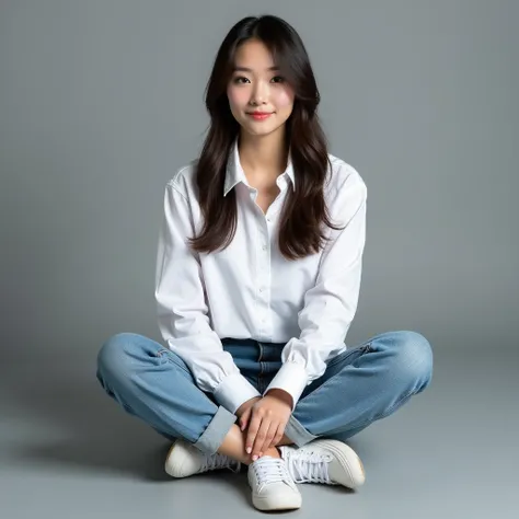  Real portrait photograhpy professional , a beautiful Asian woman with dark brown hair straight ,wearing white koas shirt ,cheek chubby , denim jeans wearing white sneakers , pose sitting on gray floor  , against the background of studio photo ,  hyper rea...