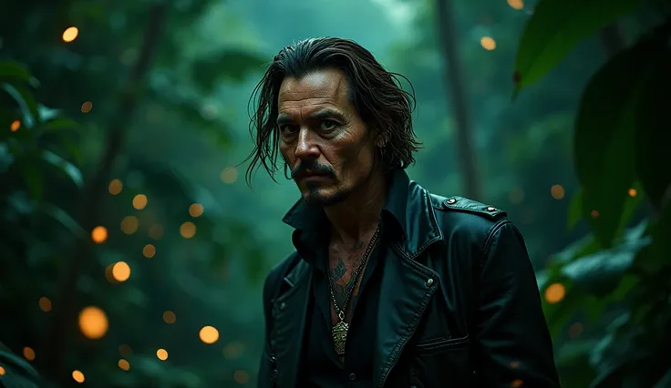 masterpiece, johnny depp walking through jungle at night among fireflies, (high detail:1 1), rough face, natural skin, high quality, nsfw, beautiful eyes, (detailed face and eyes), (face: 1 2), noise, extra, real photo, PSD, lamp film photography, sharp fo...