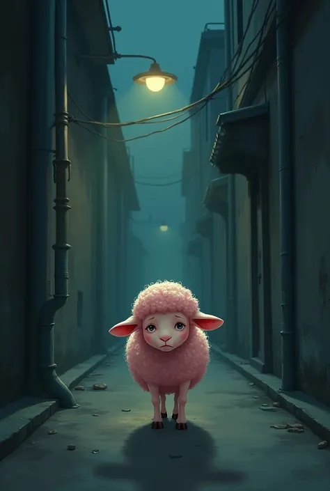 A little pink sheep with a sad and worried face similar to “my sweet piano” walks down an alley at night looking for someone, Make her more tender and walk like a worried person with her hands on her face 