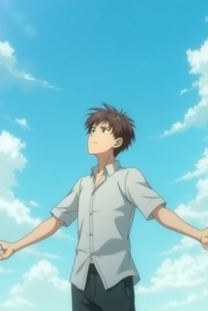 Anime brown haired boy adult with shirt contemplating the sky with his arms outstretched