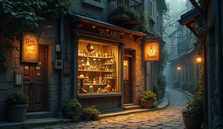 An antique shop in a quiet, narrow alley, dimly lit by a flickering streetlamp.
