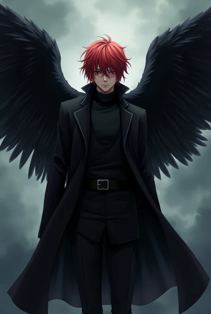 Black coat men with wings and red hair Solo, anime 