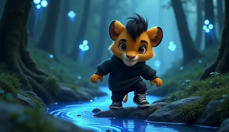 “kittu, a     4-month-old male baby lion, black human type hair style, golden fur and brown mane, in a black n nightshirt and black pant, sneakers footwear.     
Background: A dark forest stream with ghostly faces and swirling water glowing faintly blue. A...