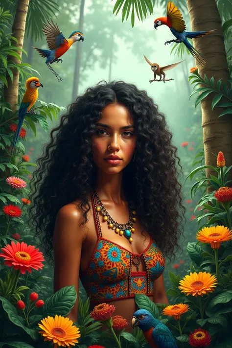 Brazilian biomes ( animals and plants ) With an Indian woman with curly hair 