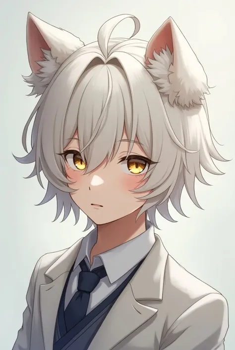 men with short medium white hair, two hair locks look like puppy ears and a lock covers his right eye, golden eyes, wearing a white school uniform jacket