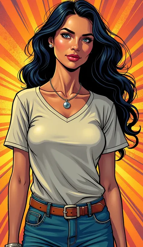 DISCREET image. image adult woman, american, comic book style. DISTRACTED. with a discreet smile. IMAGES WITH VIBRANT COLORS. with discreet casual clothes