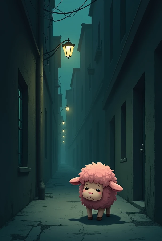 A little pink sheep with a sad and worried face similar to “my sweet piano” walks down an alley at night looking for someone, Make her more tender and walk like a worried person with her hands on her face 