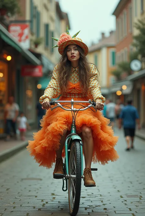 As soon as he left, he took his bicycle, put on all the dresses and went to the shop on the street with the bicycle