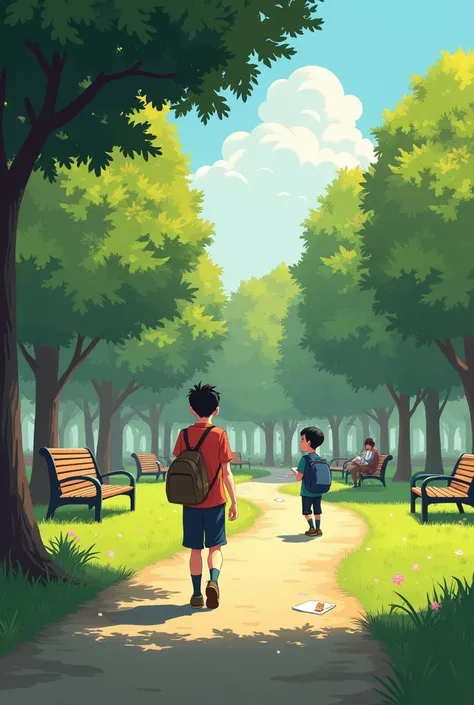 Vignette 1 ( A park full of people ,  with trees and benches ) 

text (Narrator): "on a sunny day,  two people walk in the same park ..." 

Vignette 2: ( Character A ,  called Lucas ,  eating a snack ) 

Lucas: "How delicious is this sandwich !" 

Vignette...