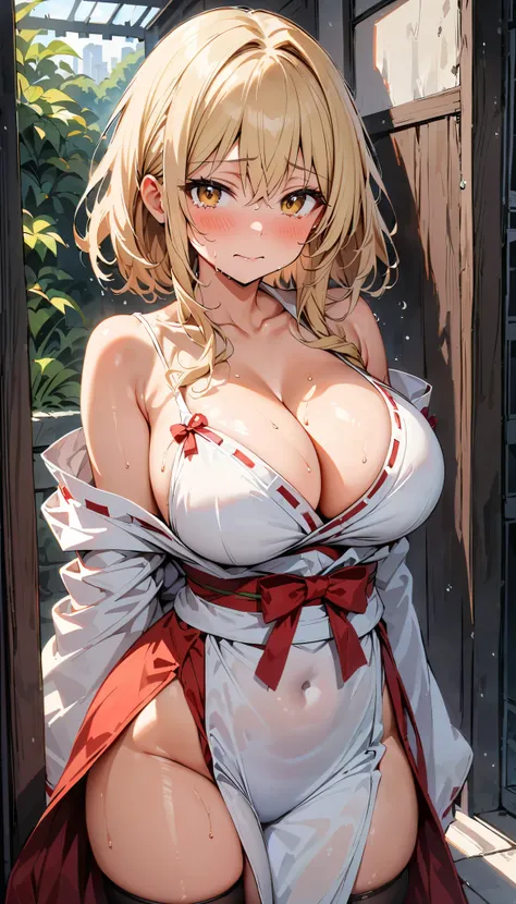 (slender, sexy, large breasts, Carving Waistline,Waistline),(Japanese sexy Shrine Maiden, sexy Miko costume), ({cleavage, strap slip, white kimono}, {side slit, red mini hakama}),(1girl, guild girl (goblin slayer!), goblin slayer!), beautiful detailed eyes...