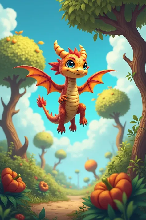 A playful scene of a ais-nutz dragon flying over a landscape of ais-nutz trees, with a ais-nutz in the background. 