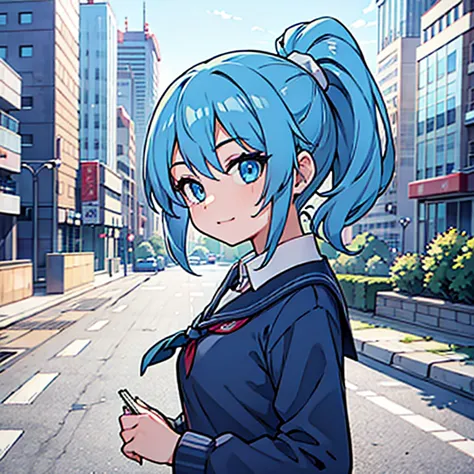 1girl blue hair ponytail blue eyes school outfit cityscape