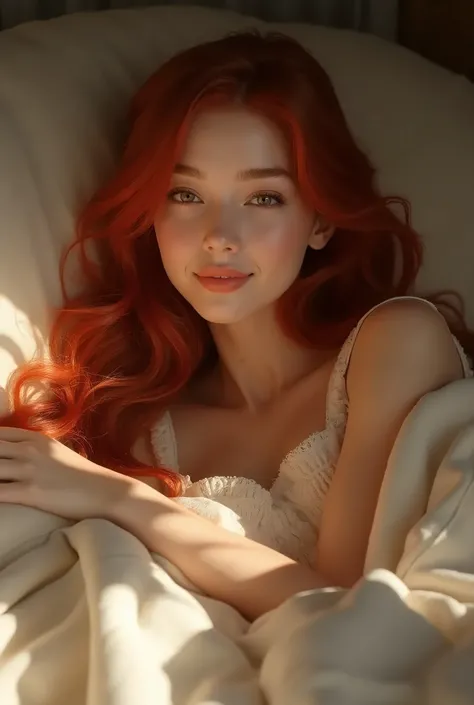 Young woman with red highlights lying in bed and smiling at the camera