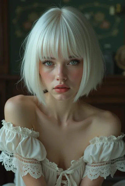 bob haircut,  white hair, blushing, disturbance, sexy,  young , stockings, lace,  victorian style, 