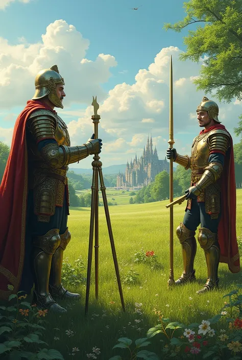  Soldiers wearing royal armor with measuring tools stand in a green field, marking boundaries. Their expressions are cunning, and the scene shows a glimpse of a royal palace in the distant background.
A very clear ultra HD dynamics emage.