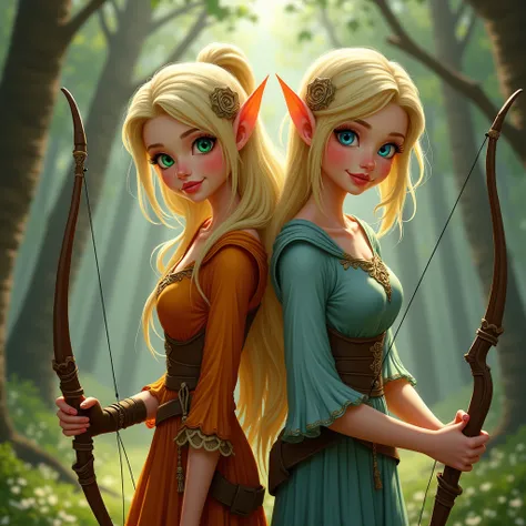 create a realistic image of 2 adult women fairys standing next to each other in a forest getting ready to go hunt holding a bow. one of the fairys has blonde hair, green eyes, and is wearing an orange outfit. the other has blonde hair, blue eyes, and a dus...