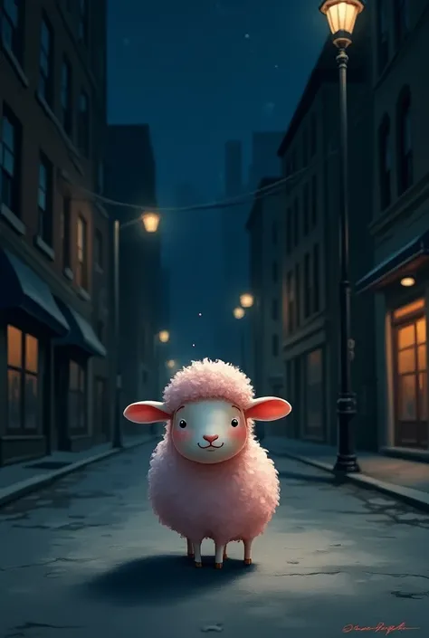 A small, pink sheep like my sweet piano walks down the street at night 