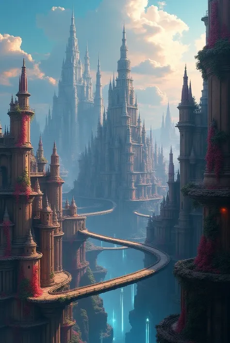 Can you give me an image of a city with impossible architecture and fantasy visual effects with many buildings I can give you a reference image and that the image has very good quality
