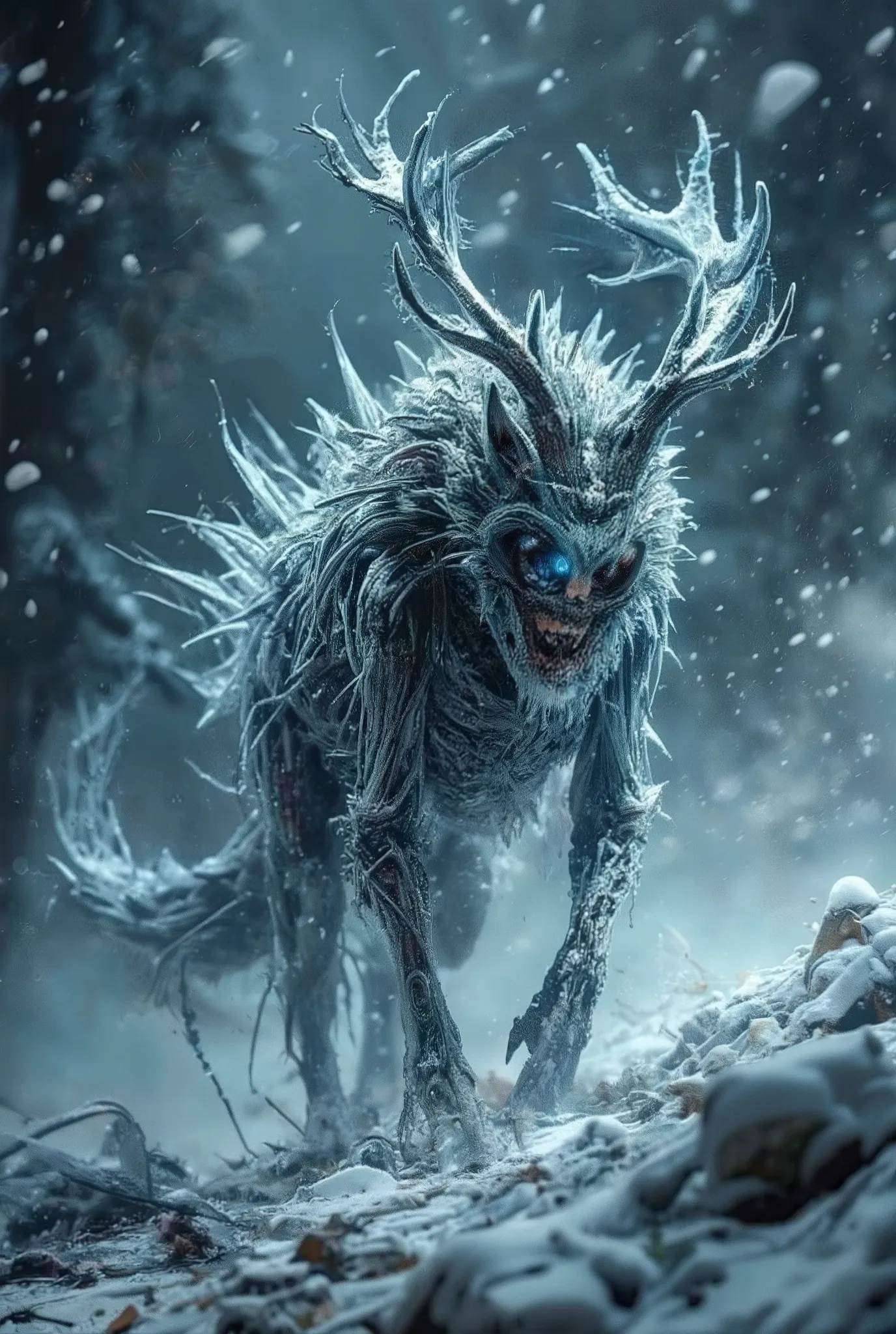 horror scene, outlast, silent hill atmosphere. a horrifying hybrid of a stag and a wolf emerges from the snowy forest. its body ...