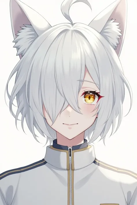 men with short medium white hair, two hair short locks look like puppy ears and a lock covers his right eye, golden eyes, wearing a white school uniform jacket