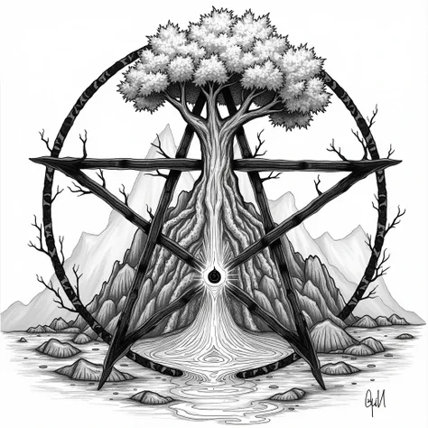 elements of fire, water, tree with leaves, and mountain, separated by a pentagram. black and white, drawing style