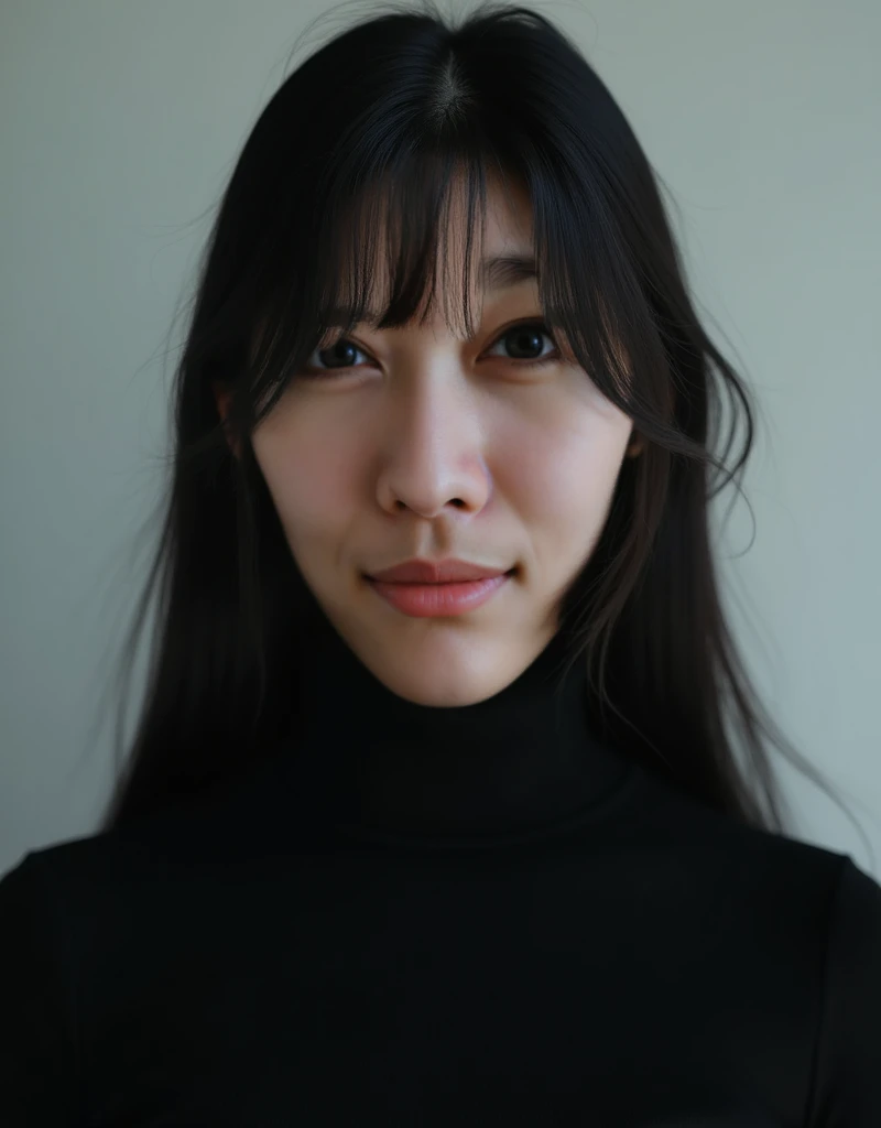 1girl, studio, headshot, medium shot, black turtleneck, black hair, long hair, straight hair, swept bangs, asian