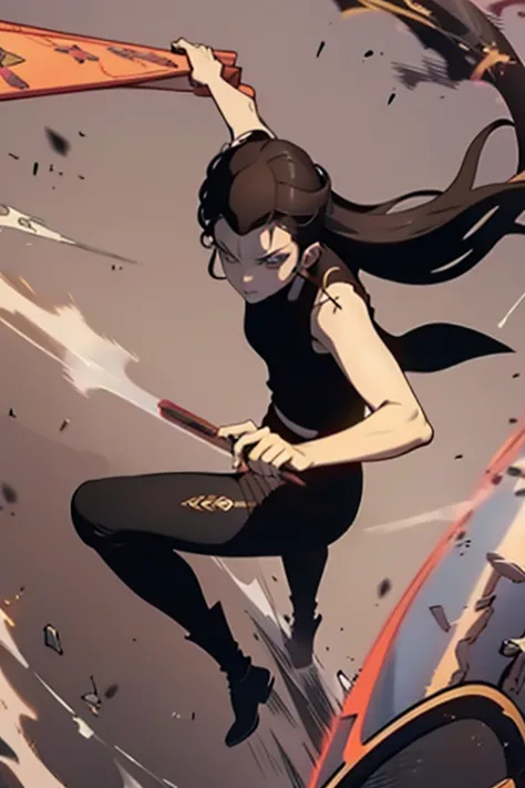 girl, brown long hair, browns eyes, black sleeveless top, leggings, high boots, a castanet in hand, full body, battle scene