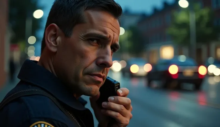 A close-up half-body shot of an American security guard with a concerned expression, wearing dark blue uniform, 30 years old, speaking into a walkie-talkie. Behind him, the Watergate Complex is partially visible, illuminated by streetlights and distant car...