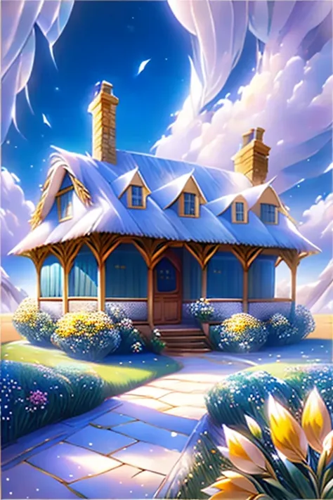 Picture of a traditional house in medieval England  、 fairy tale、Vivid picture、Bright white house  、 yellow window frame 、 Light blue window glass with bright reflections 、 The contrast between the brown and white walls of the wooden frame is beautiful。  E...