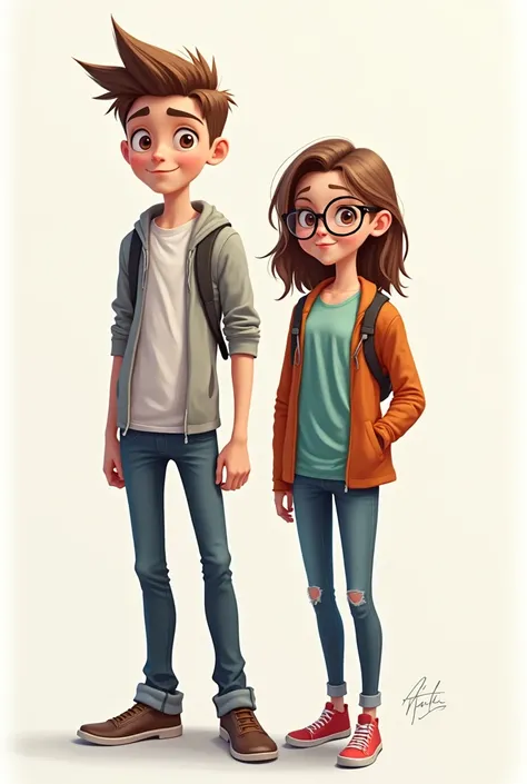 An 2d drawing of a tall brown thin teen with short spiky hair and a teen with glasses and brown long hair