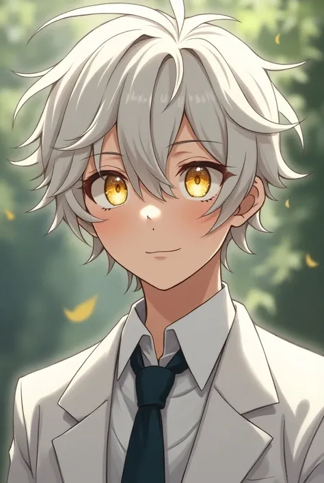 men with messy short medium white hair, two hair short locks look like puppy ears, golden eyes, wearing a white school uniform jacket