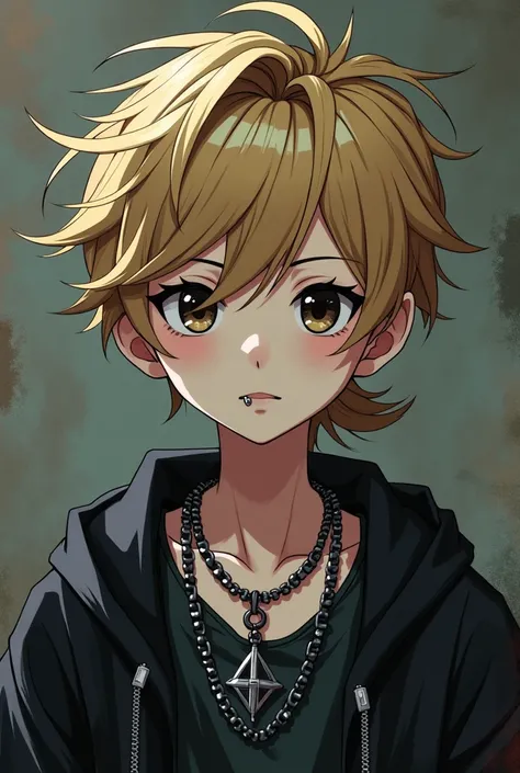 anime style boy, y2k emo grunge style, extremely pale skin, grunge color style, necklaces, short stylish dark blonde hair blonde with hair tied in a messy ponytail , piercing in the corner of the mouth, black eyes mixed with dark brown, , beautiful, thin, ...