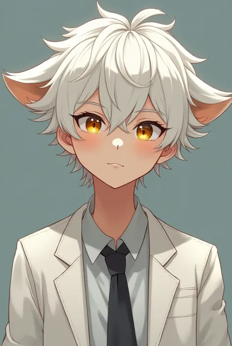 men with messy short medium white hair, two hair short locks look like puppy ears, golden eyes, wearing a white school uniform jacket