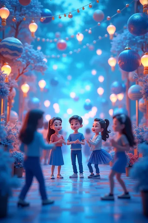 Animated 3d image of people in decorated with blue