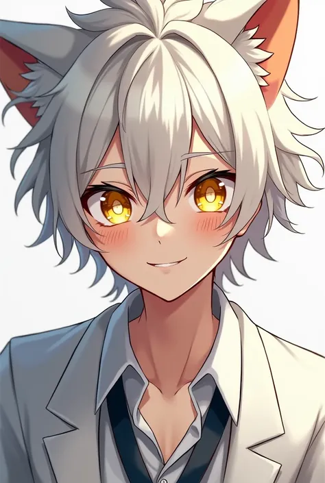 men with messy short medium white hair, two hair short locks look like puppy ears, golden eyes, wearing a white school uniform jacket