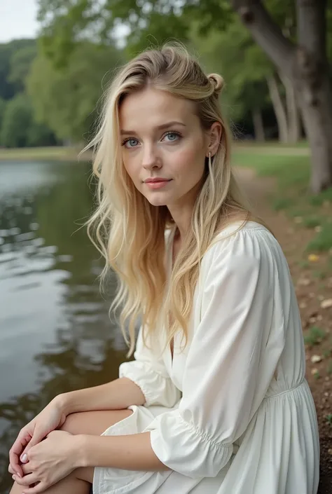 Cute blond woman, sitting by a lake, white dress and blonde hair, blue eyes, blonde hair is up in a messy ponytail, 8k