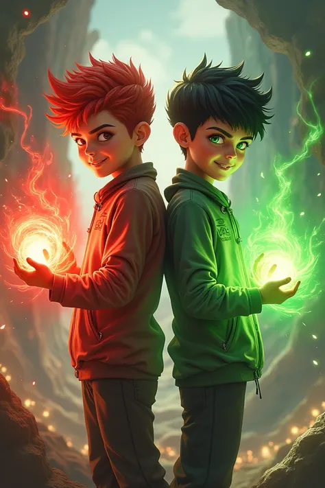 Two boys with red and green powers and eyes
