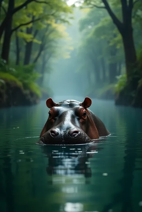 hippo swimming in river. hippos whole body is under the river.8k realistic detailed photography, cinematic lighting, fantasy, magical realism