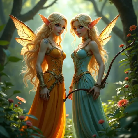 create a realistic image of 2 adult women fairys standing next to each other in a forest getting ready to go hunt holding a bow. one of the fairys has blonde hair, green eyes, and is wearing an orange outfit. the other has blonde hair, blue eyes, and a dus...