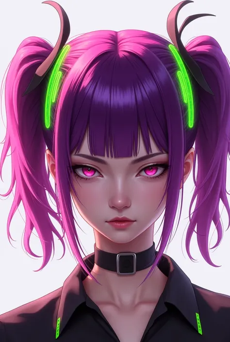 One person, Pink eyes, Anatomically correct, High resolution, Twin tails, magenta hair, Purple Hair, Neon green mesh hairstyle, Slanted Eyes, Solemn, Contemptuous eyes, Character Design, Magenta Goth